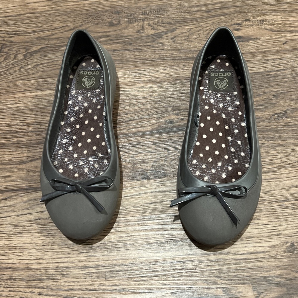 Crocs Brown patent leather Bow Mammoth Ballet Flats Polka Dot Lined Women W9
